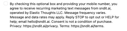 Shopify checkout with the optional sndit.ai SMS marketing checkbox unchecked and the complete consent disclosure visible.