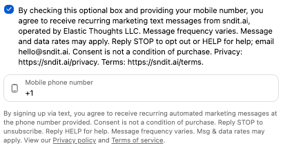 Shopify checkout with sndit.ai SMS consent selected, a distinct mobile phone field, and Shopify's additional consent disclosure visible.